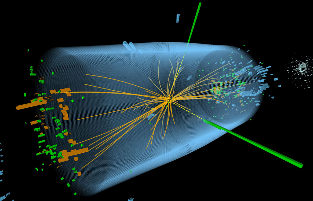 Figur 7: ATLAS experiment, tenkt to foton (γγ) henfall av Higgs partikkelen. Bildet er en moderne digital versjon av Fig. 3 (Illustrasjon CERN).