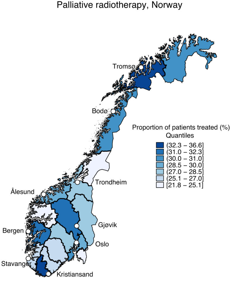 Figur 4: Andel pasienter som mottok PRT minst en gang i løpet av siste to leveår (PRT2Y) blant pasienter som døde av kreft (juli 2009 – ­desember 2011). Det forelå en fylkesvis variasjon fra 21.8% (95% CI 18.5–25.7) i Nord-­Trøndelag til 36.6% (95% CI 32.6–40.8) i Vest-Agder. ­PRT2Y-raten er standardisert for alder og ­krefttype i den totale studiepopulasjonen17. 